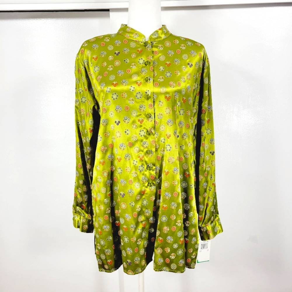 Vintage Silky & Vibrant Chartreuse Longsleeve Floral Geometric Blouse